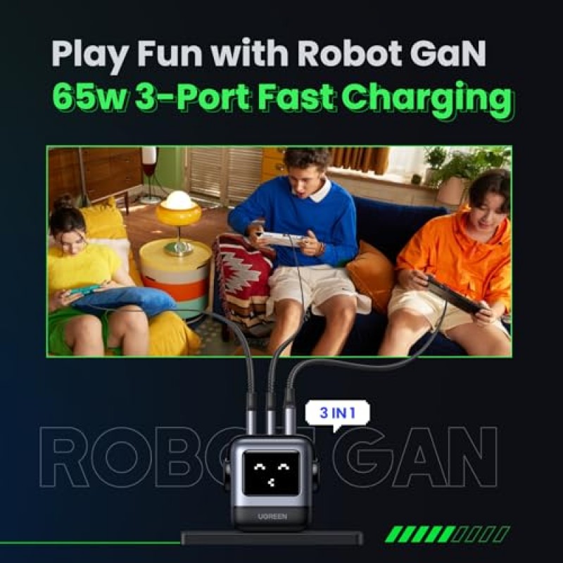 UGREEN RG 65W USB C 충전기, Nexode Robot GaN 고속 충전기 블록 3포트, MacBook Pro/Air, iPhone 15 Pro Max, Galaxy S23, Pixel 7 Pro, Steam Deck(전원 은행 아님)용 소형 충전기 전원 어댑터