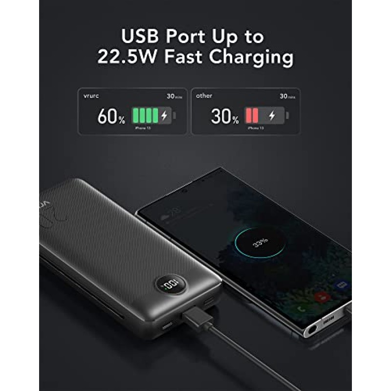 VRURC 휴대용 충전기 20000mAh, 고속 충전 전원 은행 USB C, LED 디스플레이가 장착된 4 출력 2 입력 충전 은행, 내장 벽면 플러그 및 케이블, 휴대폰 교체용 배터리, 검정색