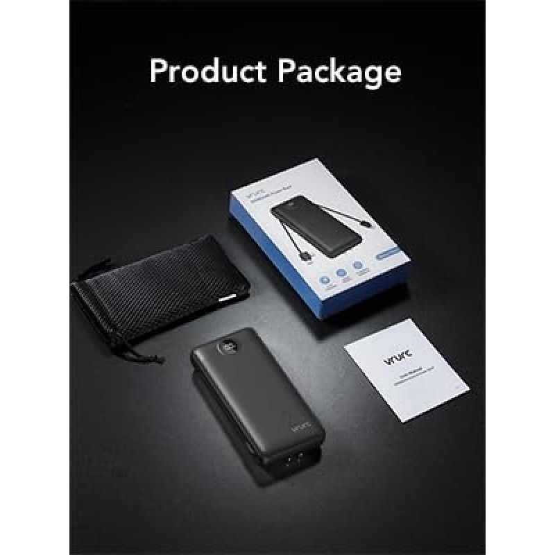 VRURC 휴대용 충전기 20000mAh, 고속 충전 전원 은행 USB C, LED 디스플레이가 장착된 4 출력 2 입력 충전 은행, 내장 벽면 플러그 및 케이블, 휴대폰 교체용 배터리, 검정색