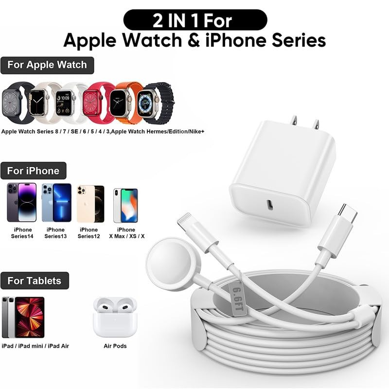 iPhone&Watch용 2 in 1 Apple Watch 충전기[Apple MFi 인증] Apple Watch 시리즈 8/7/6/5/4/SE/iPhone 14/13/12용 USB C 벽 블록이 포함된 iWatch 자기 고속 충전 케이블 6FT 2팩 iPhone