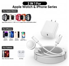 iPhone&Watch용 2 in 1 Apple Watch 충전기[Apple MFi 인증] Apple Watch 시리즈 8/7/6/5/4/SE/iPhone 14/13/12용 USB C 벽 블록이 포함된 iWatch 자기 고속 충전 케이블 6FT 2팩 iPhone