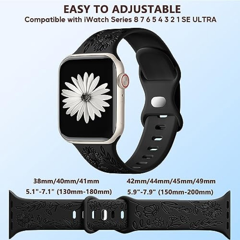 6 팩 꽃 무늬 밴드 Apple Watch 밴드와 호환 가능 44mm 40mm 38mm 41mm 45mm 49mm 42mm 여성, iWatch 밴드 시리즈 Ultra SE 용 부드러운 실리콘 귀여운 꽃 패턴 스포츠 스트랩 9 8 7 6 5 4 3 2 1