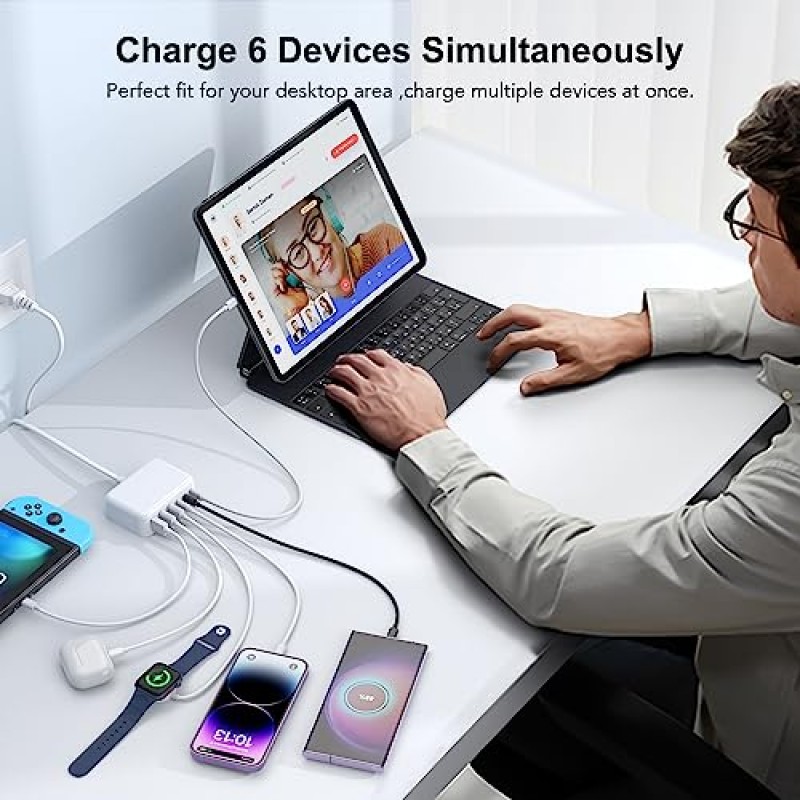 USB C 고속 충전기 100W GaN 6 포트 유형 USB C 충전 스테이션 허브 블록 USB C 벽면 충전기 전원 스트립 어댑터 플러그 큐브 브릭 3 USB C 3 USB A for iPad iPhone 15 14 13 12 11 Pro Max Pixel Note Galaxy