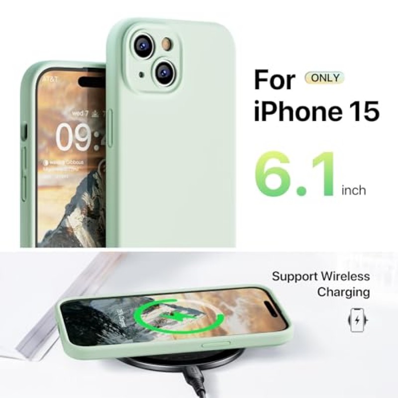 GOODVISH iPhone 15 케이스와 호환 가능, 실리콘 업그레이드 [카메라 보호] 휴대폰 케이스(화면 보호 장치 2개), 내부에 부드러운 긁힘 방지 극세사 안감, 6.1인치, 라이트 그린