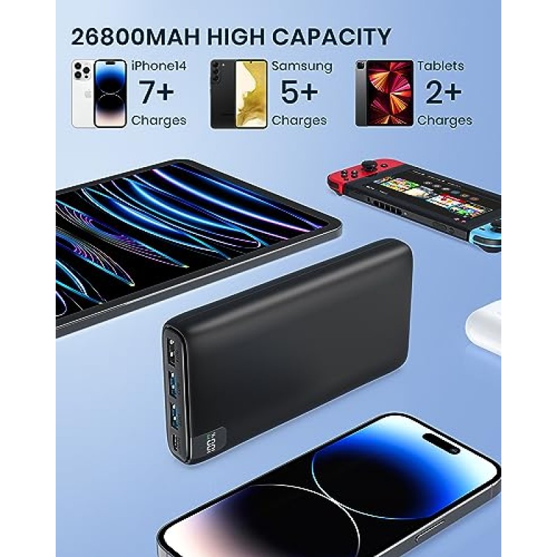 ADDTOP 전원 은행 26800mAh 휴대용 충전기, 22.5W 고속 충전 휴대용 전화 충전기 PD QC3.0 USB C 전화 태블릿용 LED 디스플레이가 있는 외부 배터리 팩