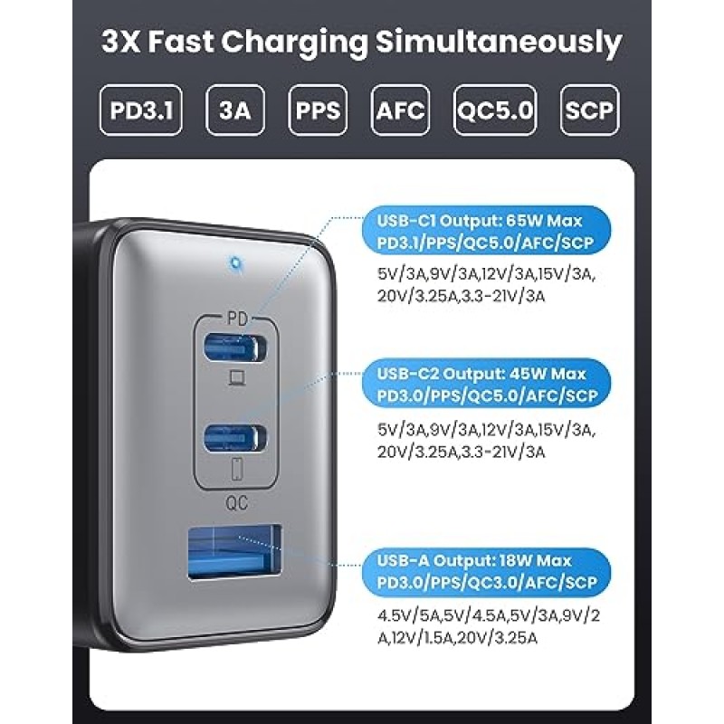 128W USB C 벽면 충전기, GaN III 3포트 고속 충전 스테이션, PD QC 접이식 충전기 블록 MacBook Pro/Air,iPad Pro,Galaxy S23,Dell XPS 13,iPhone 14/Pro 등을 위한 휴대용 65W USB C 노트북 어댑터 블랙