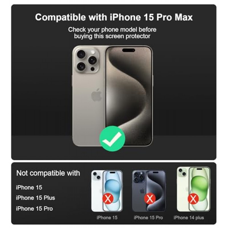 iPhone 15 Pro Max용 MAGIC JOHN 2팩 6.7인치 강화 유리 화면 보호기(휴대폰 스탠드 포함), 자동 먼지 제거 설치, 버블 프리, HD 투명, 간편한 설치