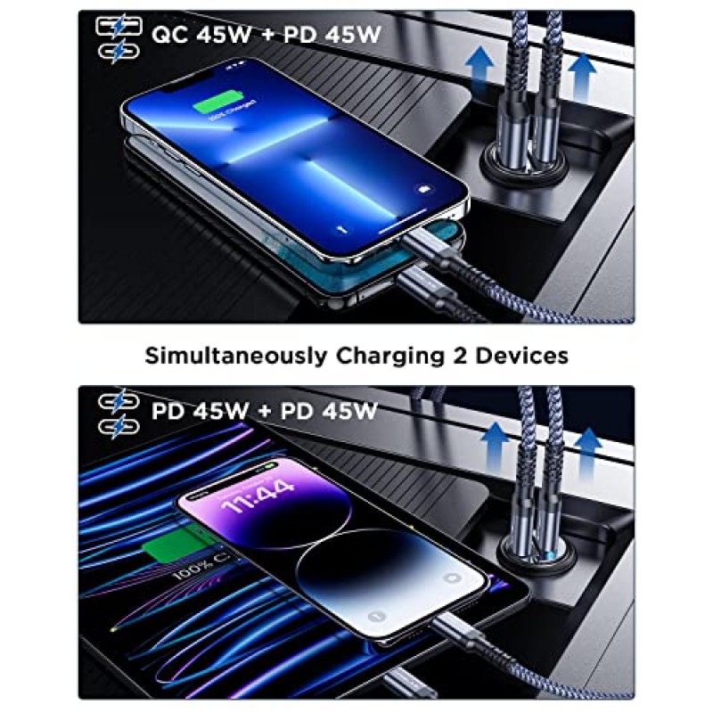 2팩 90W USB C 차량용 충전기, 슈퍼 미니 메탈 USB C 차량용 충전기 고속 충전 어댑터 [PD+QC]&[듀얼 PD], MRGLAS 차량용 시가 라이터 USB 충전기 iPhone 15 14 Pro Max, iPad, Samsung과 호환 가능