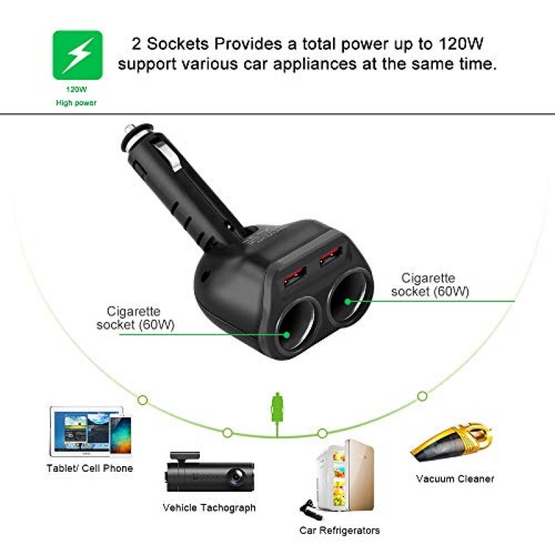 Rocketek 듀얼 USB 빠른 충전 3.0 차량용 충전기 어댑터(내장 양방향 차량용 분배기 어댑터 포함), iPhone/ipad/Android 휴대폰, GPS, 차량용 DVD용 90W 12V/24V DC 콘센트 2소켓 차량용 시가 라이터