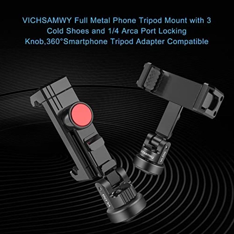 VICHSAMWY 풀 메탈 휴대폰 삼각대 마운트(콜드 슈즈 3개 및 1/4 Arca 포트 잠금 손잡이 포함), iPhone 14/13/12 Pro Max, Samsung S23 S22 Ultra, 모든 휴대폰과 호환되는 360° 스마트폰 삼각대 어댑터