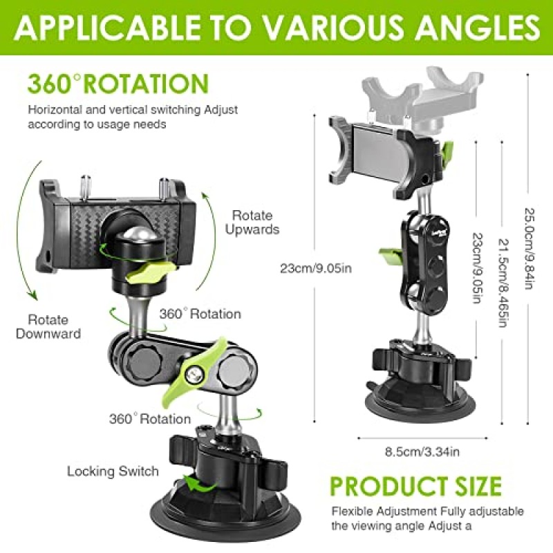 흡입 컵 홀더 휴대폰 마운트 자동차 360° 회전, 휴대폰용 범용 볼 헤드 암 자동차 홀더 비디오 녹화 Vlog 볼헤드 매직 암 자동차 대시보드용 휴대폰 앞유리 차량 선루프(검은색)
