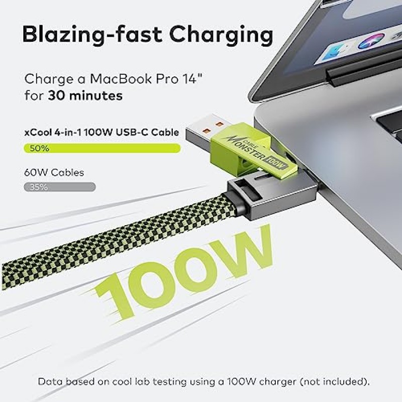 XCOOL USB C 케이블, 4-in-1 USB-C 케이블(6피트), 후크 앤 루프 패스너 및 케이블 관리 기능이 있는 100W USB-C 충전기 케이블, MacBook, iPad, iPhone, Samsung용 USB-C 케이블/고속 충전 , 녹색