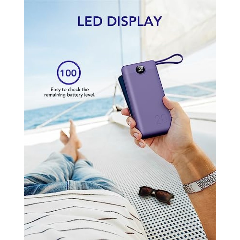 케이블이 내장된 VRURC 휴대용 충전기, 22.5W 고속 충전 20000mAh USB C 전원 은행, iPhone, Samsung, Android와 호환되는 4개 출력 및 2개 입력이 있는 LED 디스플레이 배터리 팩-보라색