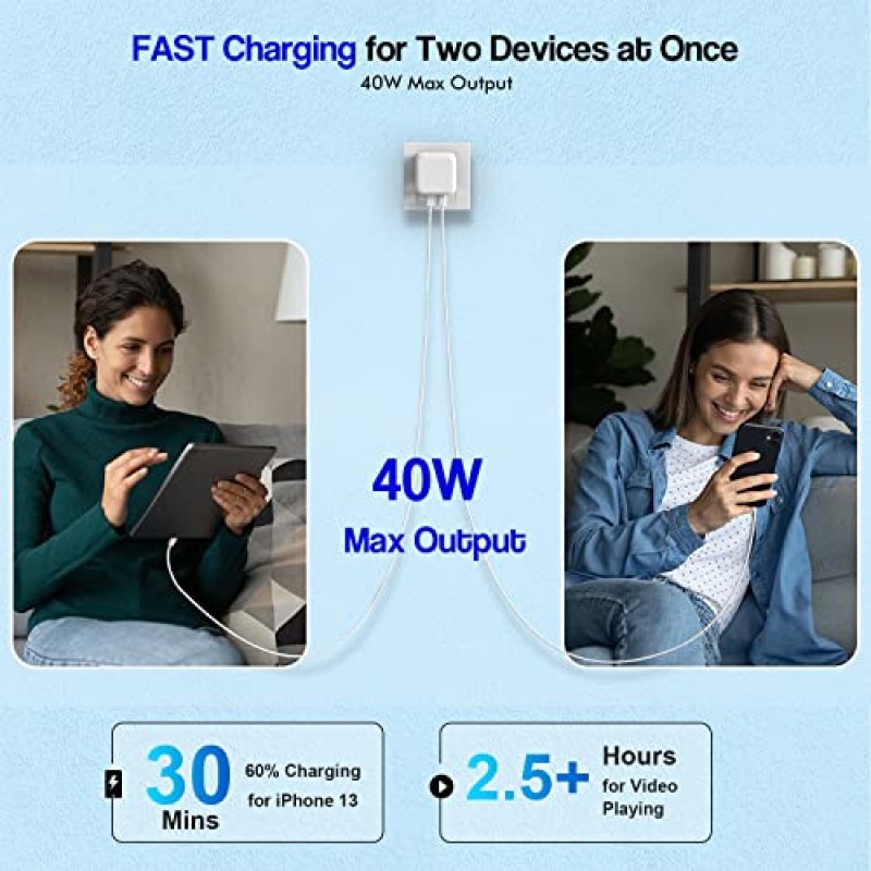 10FT iPhone 충전기 고속 충전, 40W USB C 고속 충전기 iPhone[Apple MFI 인증]2팩 10피트 TypeC-라이트닝 케이블 iPhone14/13/12/11/XS/XR/SE/iPad용 듀얼 포트 Apple 고속 충전기 전원 어댑터