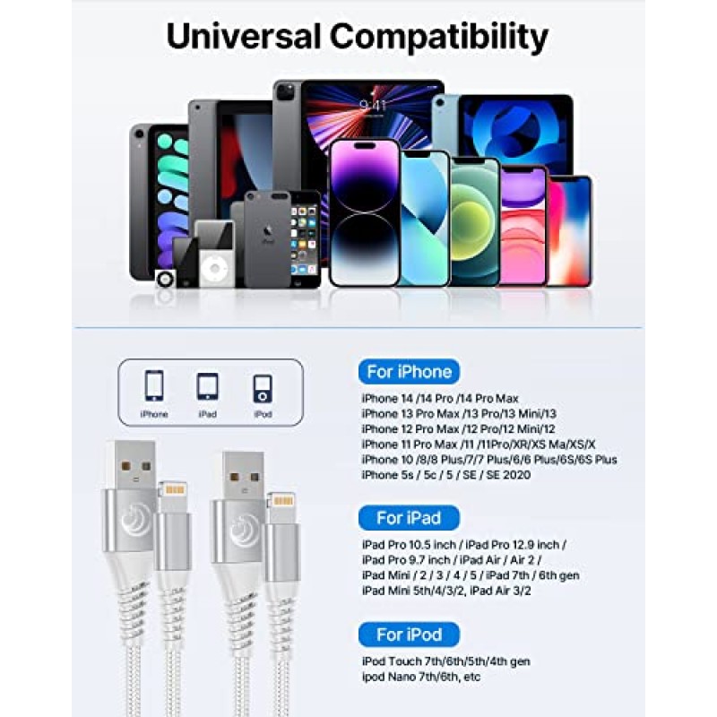 iPhone 충전기 [Apple MFi 인증] 2Pack 10FT 긴 번개 케이블 고속 충전 나일론 편조 USB 케이블 iPhone 충전기 코드 iPhone 14 13 12 11 Pro Max XR XS X 8 7 6 Plus SE, iPad와 호환 가능