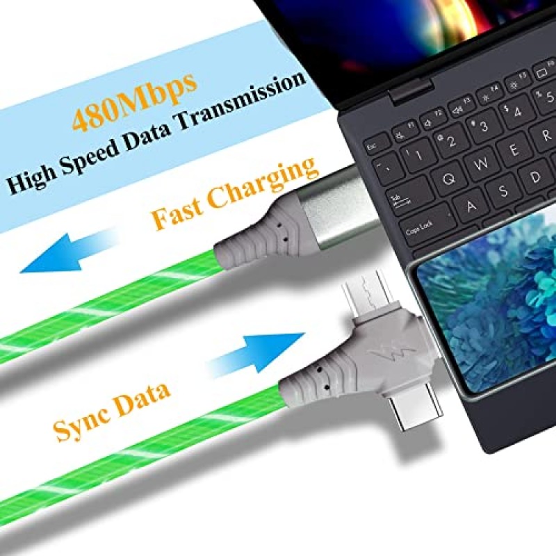 Opligevo 3 in 1 충전 케이블 Led 유동 충전 케이블 다중 고속 충전 케이블 3.0 고속 휴대폰 충전기 데이터 전송 iPhone, Type C 및 마이크로 USB 녹색 3.3피트용 내구성 있는 TPE 충전 코드