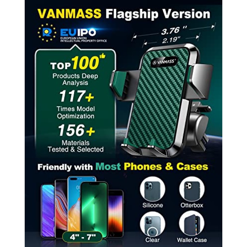 VANMASS [2023 업그레이드됨] 자동차 대시보드 폰 홀더 마운트 [슈퍼 흡입 컵] iPhone 13 Pro Max 12 11 X Xr 8 7 Plus Mini Se 범용 휴대폰 앞 유리 통풍구 핸즈프리 크래들, 녹색과 호환 가능