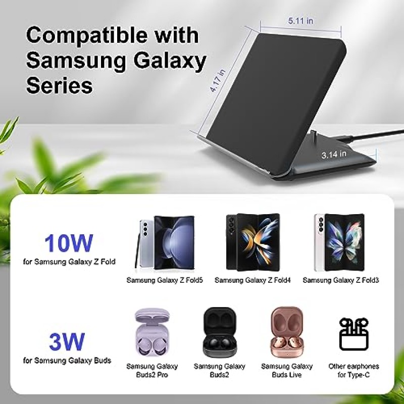 Samsung Galaxy Z-Fold 무선 충전기용: Samsung Galaxy Z Fold 5/4/3용 2 in 1 고속 무선 충전 스테이션, Galaxy Buds 2/2 Pro/Live용 3코일 충전 스탠드, 블랙(25W PD 어댑터 포함)