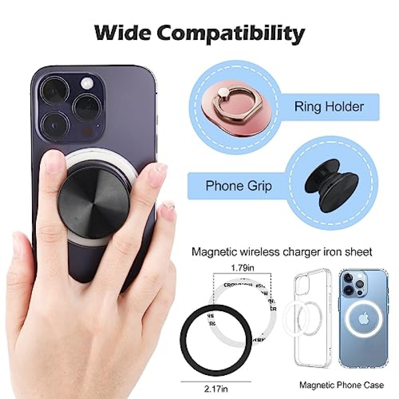 GCQOO PopSocket 탈착식 휴대폰 홀더용 야광 자기 베이스, iPhone 12 13 14 15 Pro Max 14Plus MagSafe 케이스와 호환되는 투명 스탠드