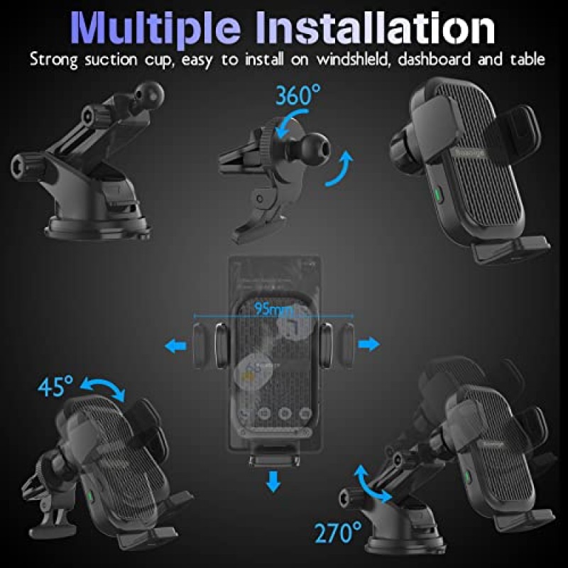냉각 버전이 포함된 무선 차량용 충전기, Boaoige 자동 클램핑 차량용 폰 마운트, 2코일 15W Qi 고속 충전 차량용 폰 홀더(iPhone 14 13 Pro Max, Samsung S22 S21, Flip 4 3, Google Pixel 6 Pro용)