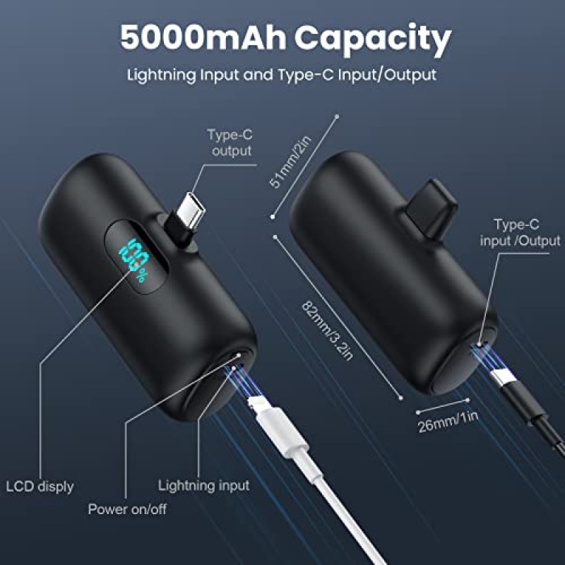 [2팩] 미니 휴대용 충전기 5000mAh 전원 은행, 3A PD USB C 휴대폰 휴대용 전원, LCD 디스플레이 배터리 팩, 안드로이드 폰/삼성 갤럭시 S22,S21/노트/모토/LG/픽셀/넥서스 요법과 호환 가능