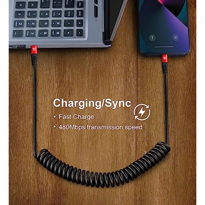 USB C-라이트닝 케이블, 2팩 3FT 코일형 iPhone 고속 충전기 차량용 C-라이트닝 케이블 [Apple MFi 인증] iPhone 14 13 12 11 Pro Max Xr Xs 8 7 Plus Carlay-Red와 호환되는 iPhone 코드