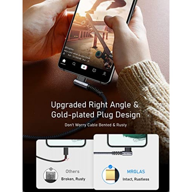 4팩 3.2A USB C 충전기 케이블, MRGLAS USB C 고속 충전 케이블 직각 금도금 Type C 충전기 고속 충전 내구성이 뛰어난 나일론 편조 USB A - USB C 코드 호환 가능 Samsung S10 S21 Note 10 9 LG
