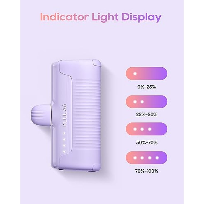 Kuulaa 휴대용 전화 충전기 휴대용 충전기 iPhone 4500mAh iPhone용 미니 보조베터리 귀여운 배터리 팩 백업 충전기 여행용 iPhone 14/13/12/11/XS/XR/Airpods(보라색)과 호환 가능