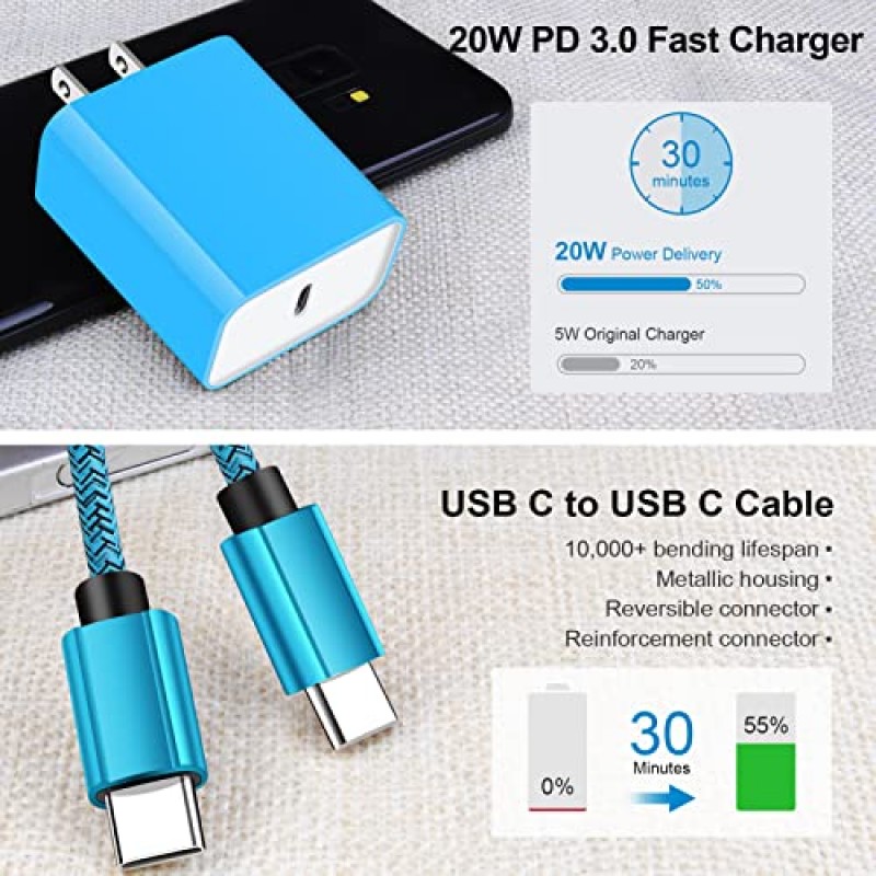 USB C 고속 충전기, 20W 삼성 충전기 유형 C 고속 충전 안드로이드 휴대폰 충전기(삼성 갤럭시 S23 울트라 S23+ S23 S22+ S21 FE S20 A14 5G A13, 픽셀 7a 7 프로 6a 6 프로 5용 6피트 USB C-C 케이블 포함)