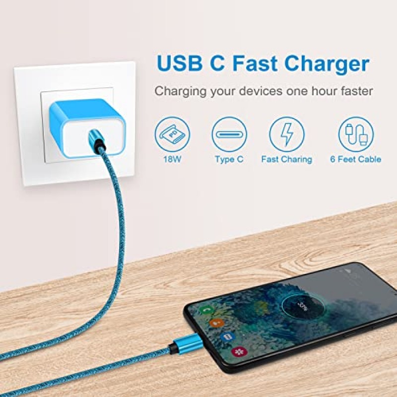 USB C 고속 충전기, 20W 삼성 충전기 유형 C 고속 충전 안드로이드 휴대폰 충전기(삼성 갤럭시 S23 울트라 S23+ S23 S22+ S21 FE S20 A14 5G A13, 픽셀 7a 7 프로 6a 6 프로 5용 6피트 USB C-C 케이블 포함)