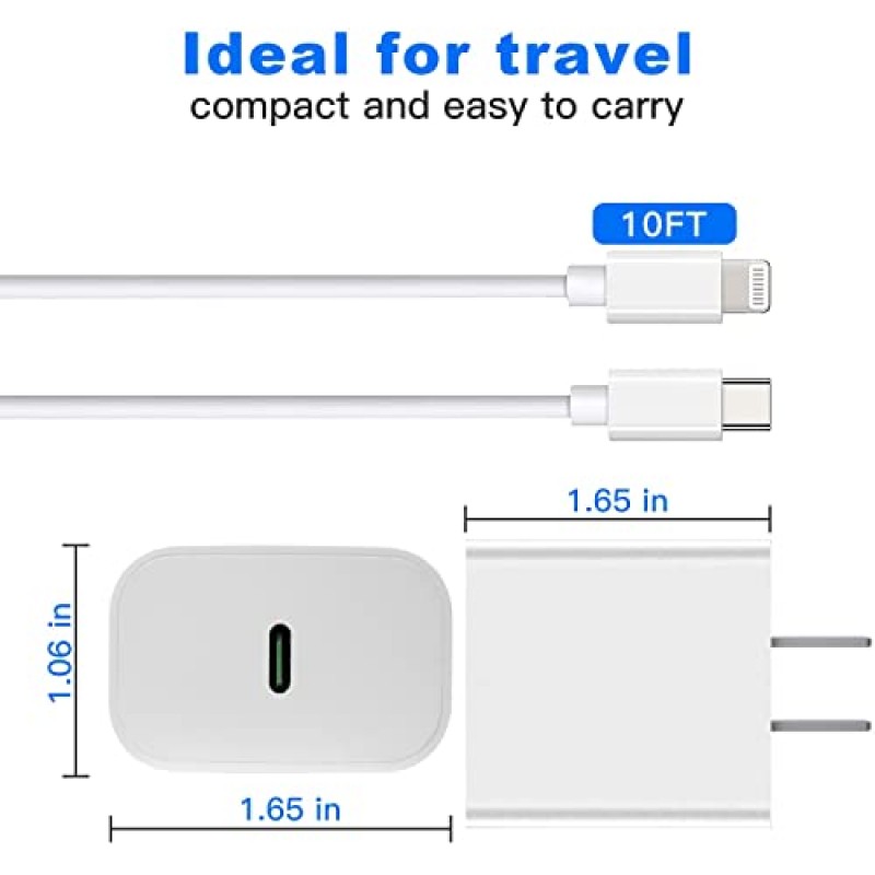 iPhone 고속 충전기 10 FT [Apple MFi 인증] iPhone 14 13 12 11 XS XR X 8 iPad용 10FT 긴 유형 C 라이트닝 케이블이 포함된 2팩 PD 20W USB C 충전기 블록, 흰색