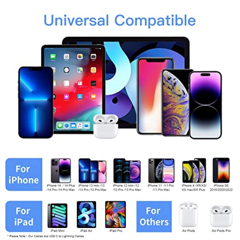 iPhone 고속 충전기 10 FT [Apple MFi 인증] iPhone 14 13 12 11 XS XR X 8 iPad용 10FT 긴 유형 C 라이트닝 케이블이 포함된 2팩 PD 20W USB C 충전기 블록, 흰색