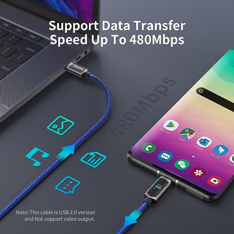 SOOPII USB C-USB C 케이블, [ 6.6FT, 2팩] lPhone 15/15 Plus/15 Pro/15 Pro Max, MacBook Pro, Samsung Galaxy S22/S10, Pixel용 LED 디스플레이가 있는 나일론 편조 100W Type-C 케이블 , LG