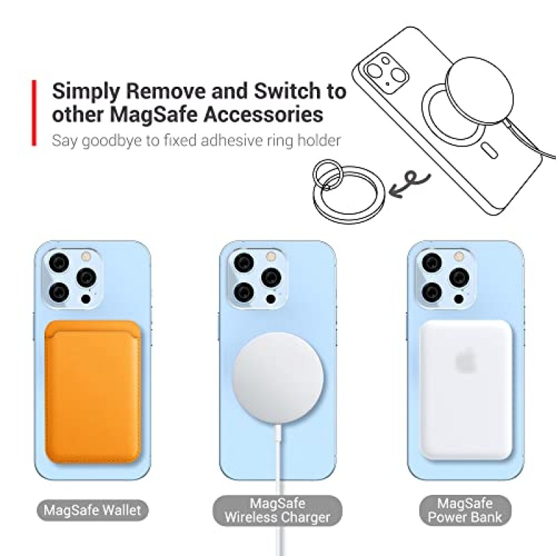 PROfezzion MagSafe용 얇은 금속 링 홀더, MagSafe 케이스가 포함된 iPhone 15 14 13 12 Pro Max Plus용 탈착식 가장 강력한 자기 휴대폰 그립 [일반 케이스 제외] [MagSafe 자동차 마운트 호환]