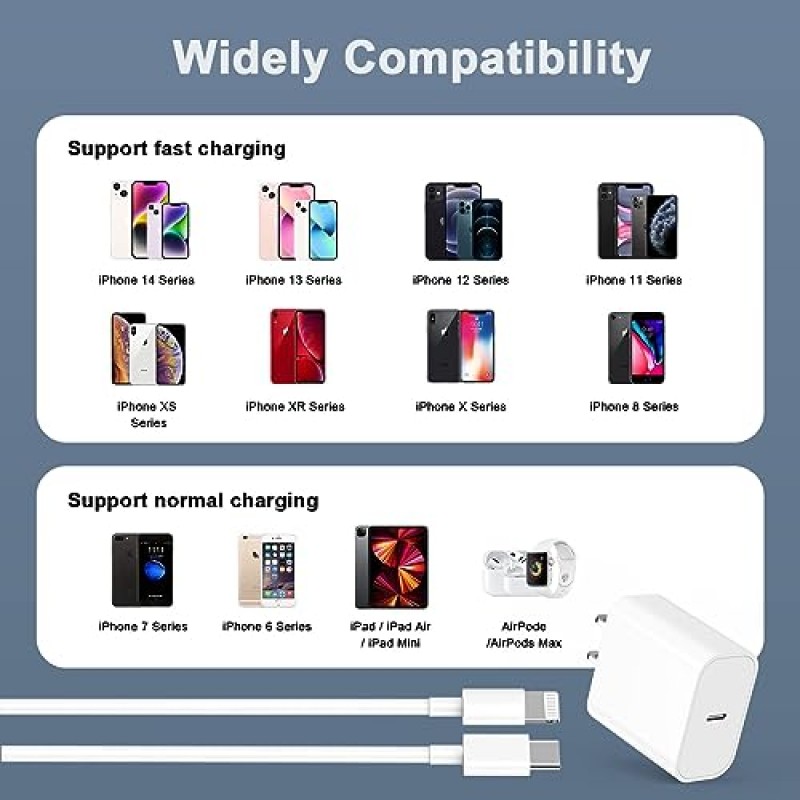 10FT iPhone 충전기 고속 충전, [Apple MFi 인증] 2팩 20W Type C 고속 충전 블록(2팩 포함) 10FT 긴 USB C-라이트닝 케이블 iPhone 14 13 12 11 Pro Max XS XR X 8, iPad와 호환 가능