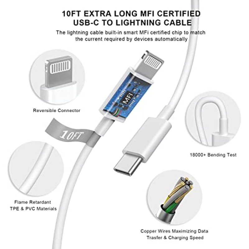 10FT iPhone 충전기 고속 충전, [Apple MFi 인증] 2팩 20W Type C 고속 충전 블록(2팩 포함) 10FT 긴 USB C-라이트닝 케이블 iPhone 14 13 12 11 Pro Max XS XR X 8, iPad와 호환 가능