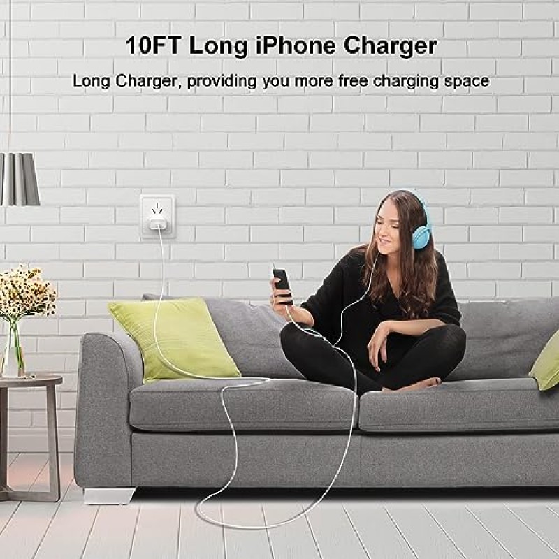 10FT iPhone 충전기 고속 충전, [Apple MFi 인증] 2팩 20W Type C 고속 충전 블록(2팩 포함) 10FT 긴 USB C-라이트닝 케이블 iPhone 14 13 12 11 Pro Max XS XR X 8, iPad와 호환 가능