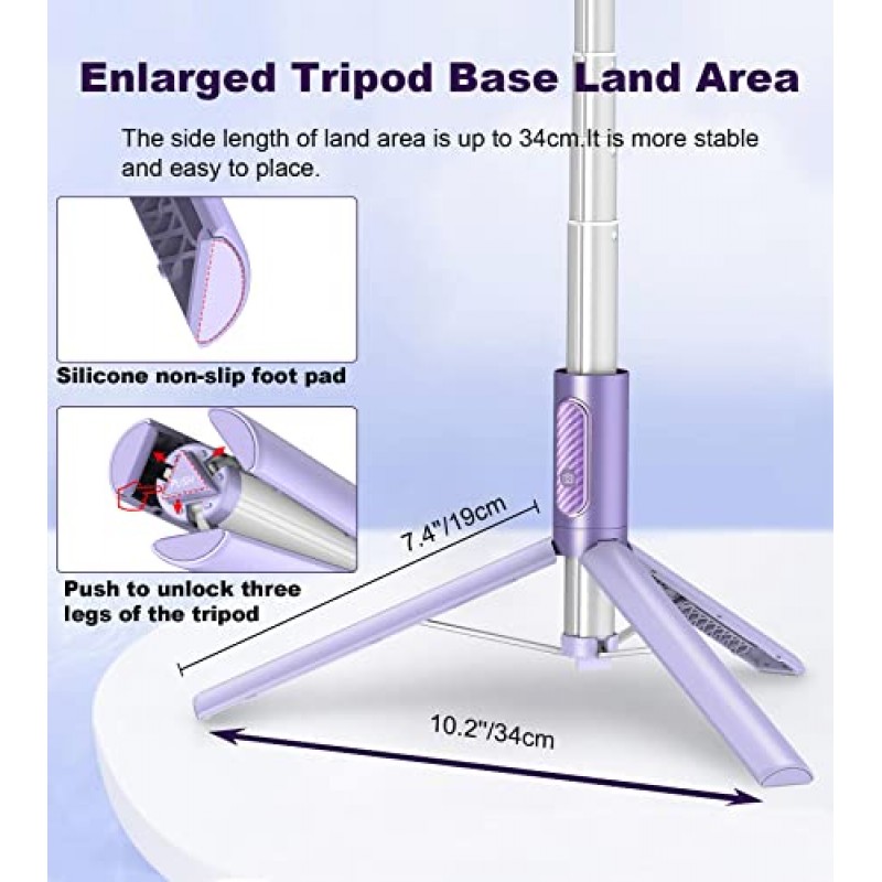 TONEOF 삼각대, 휴대폰 셀카봉, 통합 무선 리모컨이 포함된 60인치 올인원 스탠드, 경량 및 휴대용, 4-7인치 iPhone 및 Android용 확장 가능한 삼각대(보라색)