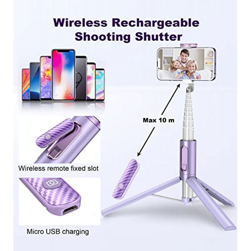 TONEOF 삼각대, 휴대폰 셀카봉, 통합 무선 리모컨이 포함된 60인치 올인원 스탠드, 경량 및 휴대용, 4-7인치 iPhone 및 Android용 확장 가능한 삼각대(보라색)