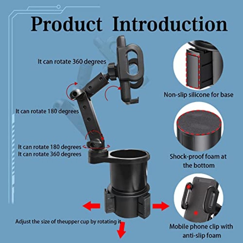 차량용 휴대폰 홀더가 포함된 2-in-1 대형 컵 홀더 확장기, 360° 회전 휴대폰 컵 홀더 조절 가능 다용도 자동차 컵 홀더 iPhone 및 모든 스마트폰과 호환 가능