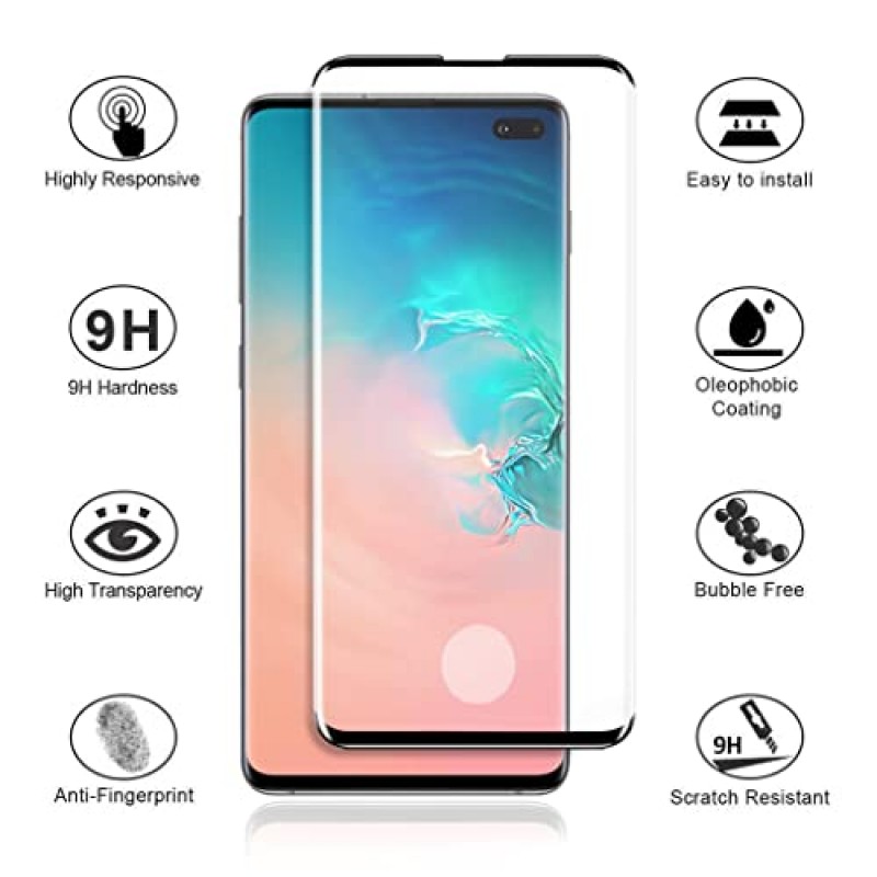 Micger Galaxy S10 Plus 화면 보호 필름, 강화 유리 화면 보호 필름 2팩, 카메라 렌즈 보호 필름 2팩【2+2팩】 간편한 설치, Samsung Galaxy S10 Plus용 3D 유리 9H 경도 강화 유리 화면 보호 필름