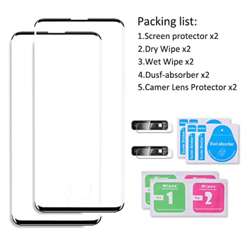 Micger Galaxy S10 Plus 화면 보호 필름, 강화 유리 화면 보호 필름 2팩, 카메라 렌즈 보호 필름 2팩【2+2팩】 간편한 설치, Samsung Galaxy S10 Plus용 3D 유리 9H 경도 강화 유리 화면 보호 필름