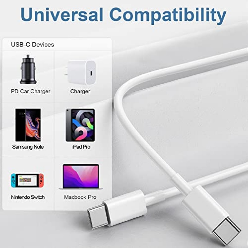 Apple USB C-USB C 충전 케이블 10피트 60W 3팩 [Apple MFi 인증], 긴 유형 C-유형 C 고속 충전기 코드 iPhone 15/15 Pro/15 Pro Max/15 Plus,iPad Pro, Air5, MacBook Air(화이트)와 호환 가능 )