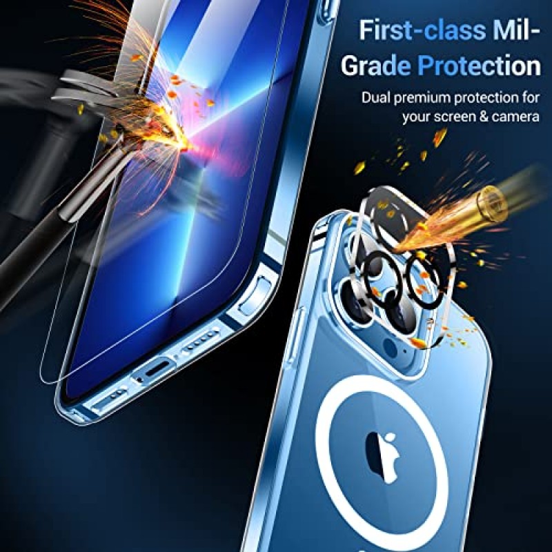 Temdan Magnetic for iPhone 13 Pro Max 케이스, [MagSafe 호환],[노란 방지][유리 화면 보호기+카메라 렌즈 보호기] 슬림하고 얇은 충격 방지 휴대폰 케이스-투명