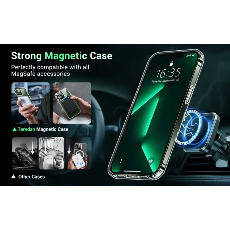 Temdan Magnetic for iPhone 13 Pro Max 케이스, [MagSafe 호환],[노란 방지][유리 화면 보호기+카메라 렌즈 보호기] 슬림하고 얇은 충격 방지 휴대폰 케이스-투명