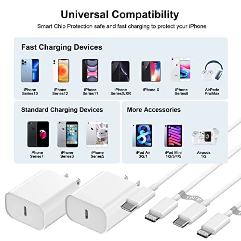 iPhone 11 12 13 14 고속 충전기,[Apple MFi 인증] iPhone14 13 12 11 Pro Max Xs Xr X 8용 10FT 긴 USB-C-라이트닝 데이터 동기화 충전 코드가 포함된 3팩 20W 고속 USB C 벽면 충전기 블록 어댑터
