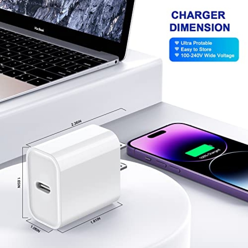 3Pack iPhone 15 충전 블록, USB C 충전기, Apple 충전기 어댑터, 빠른 고속 충전 PD 어댑터 플러그 iPhone 15/14/13/12/11/X,iPad Pro/Air/Mini/AirPods용 20W 전원 공급 유형 C 고속 충전 블록