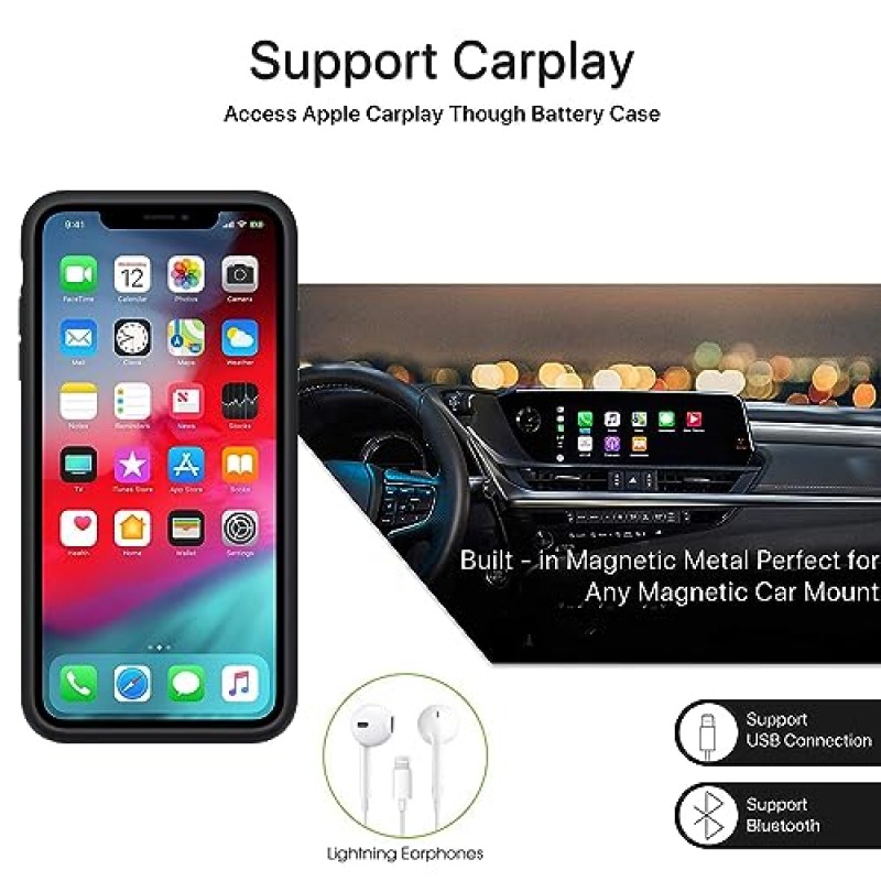 iPhone 12 Mini/ 13 Mini용 배터리 케이스, 최신 6500mAh 충전식 휴대용 보호 확장 충전기 케이스 iPhone 12 Mini/ 13 Mini(5.4인치)와 호환 충전 케이스 Carplay 지원(검은색)