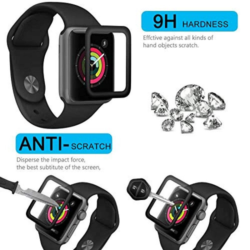 Anbobo 2 팩 Apple Watch 38mm 화면 보호기 시리즈 3 2 1, 강화 유리 38mm 화면 보호기, 기포 없는 3D 풀 커버리지 Apple iWatch 38mm 시리즈 3/2/1용 9H 긁힘 방지 HD 필름