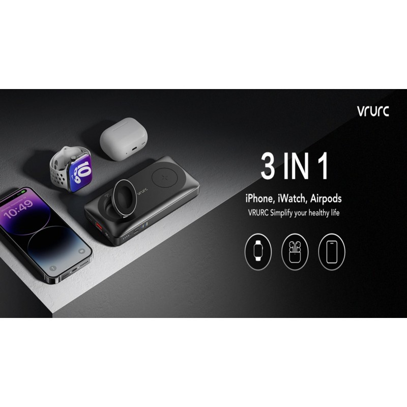 VRURC 자기 무선 충전기, 10000mAh 보조베터리, 3 in 1 휴대용 충전기, 22.5W 고속 충전 iPhone 14 13 12 11 Pro/Plus/Max/XS/XR, iWatch 8/7/6/5/4/3/2와 호환 가능 /SE, AirPods Pro/2 - 블랙